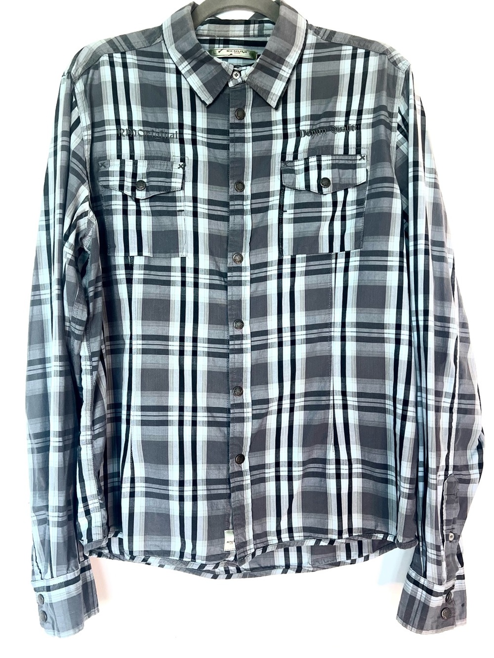 Renuar Men L Gray Plaid Graphic Button Up Y2K Shirt
